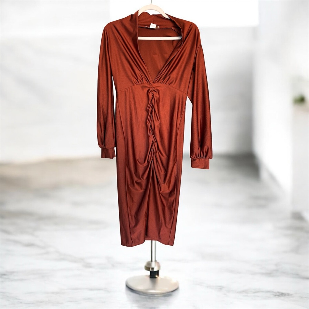 Elegant Long Sleeve Rust Dress